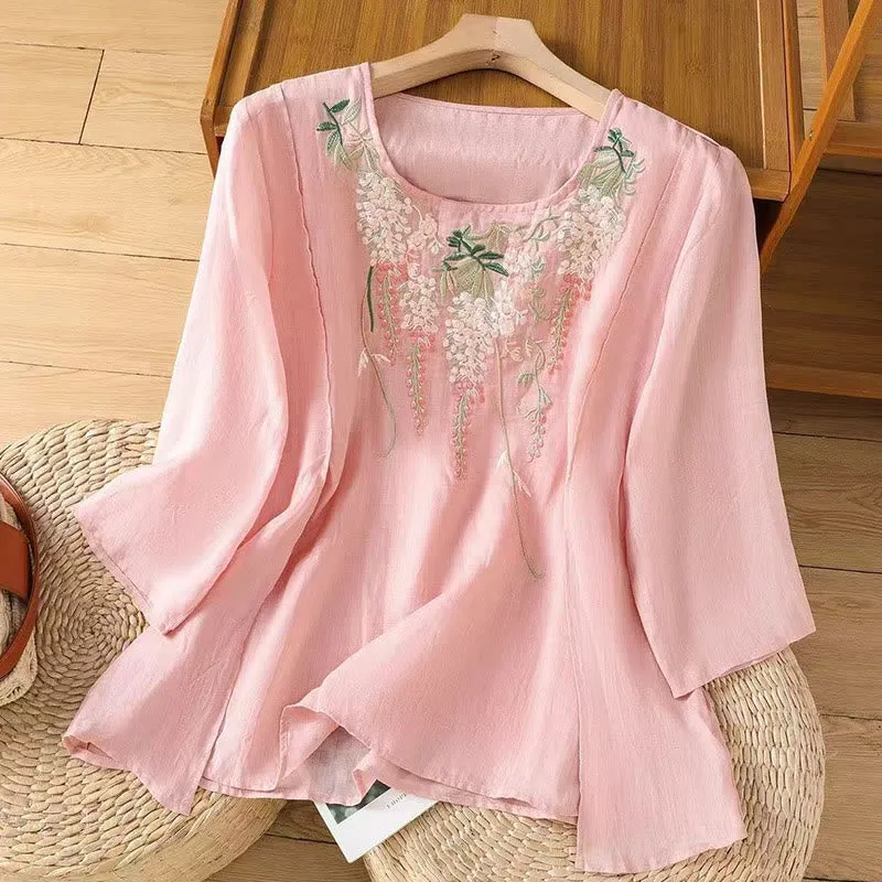 Buddha Stones Casual Embroidered Floral Pattern Women's Crew Neck Design Three-quarter Sleeve Cotton Linen T-shirt