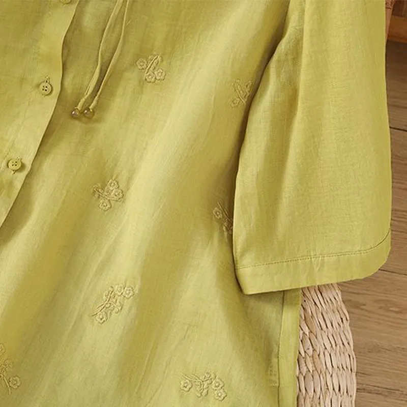 Buddha Stones Casual Embroidered Flowers Button Three Quarter Sleeve Cotton Women's Shirt