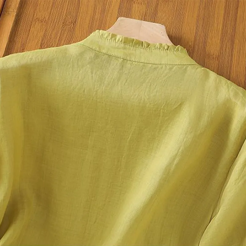 Buddha Stones Casual Embroidered Flowers Button Three Quarter Sleeve Cotton Women's Shirt