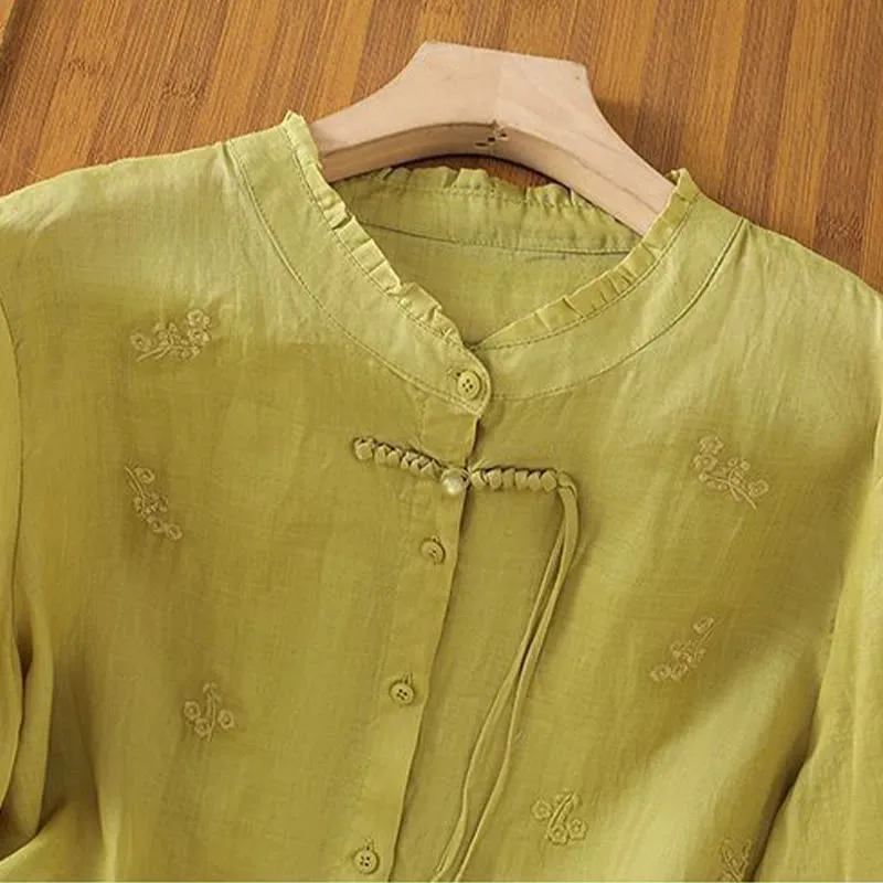 Buddha Stones Casual Embroidered Flowers Button Three Quarter Sleeve Cotton Women's Shirt