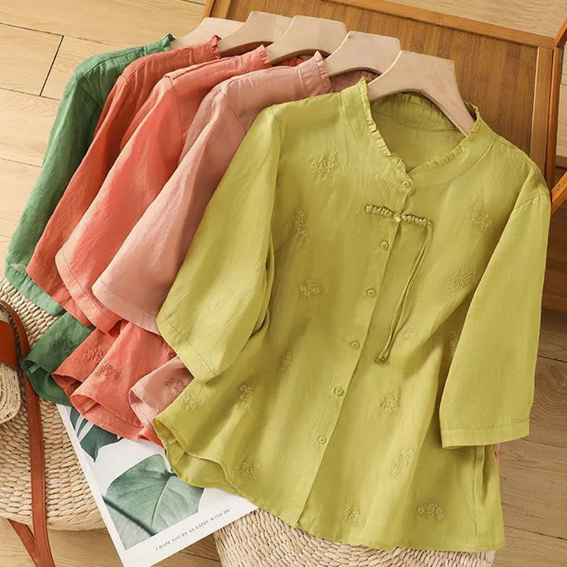 Buddha Stones Casual Embroidered Flowers Button Three Quarter Sleeve Cotton Women's Shirt