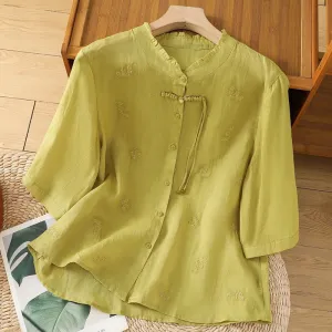 Buddha Stones Casual Embroidered Flowers Button Three Quarter Sleeve Cotton Women's Shirt