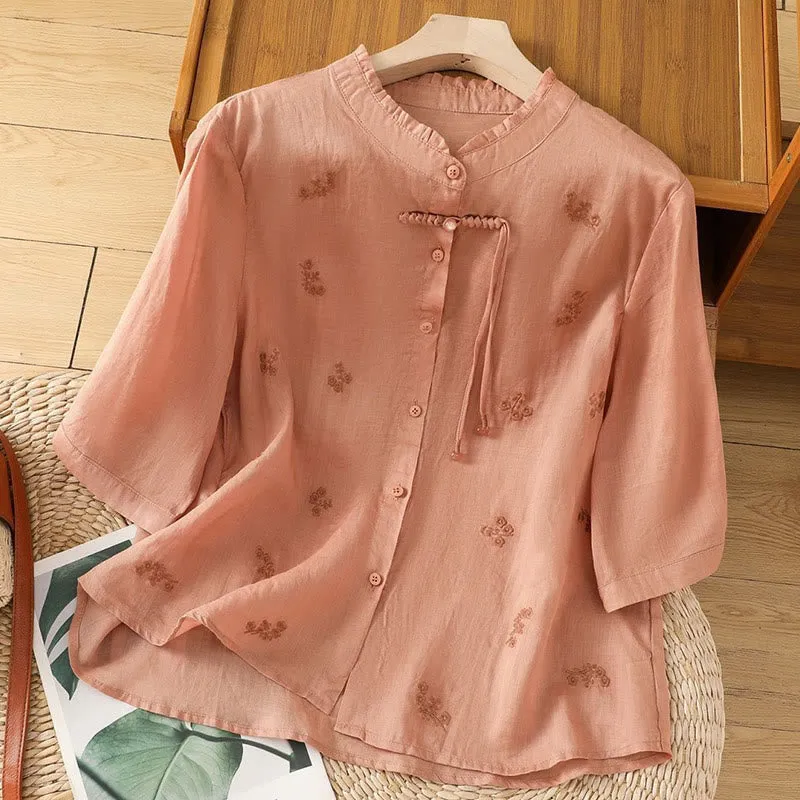 Buddha Stones Casual Embroidered Flowers Button Three Quarter Sleeve Cotton Women's Shirt