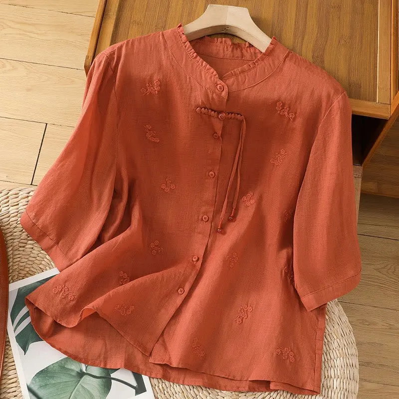 Buddha Stones Casual Embroidered Flowers Button Three Quarter Sleeve Cotton Women's Shirt