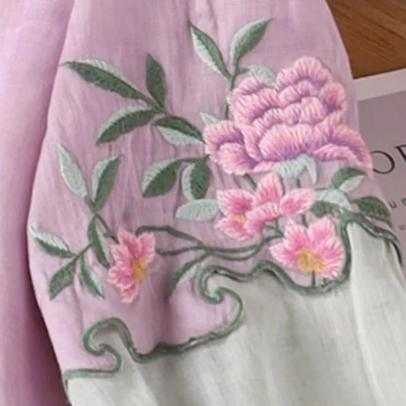 Buddha Stones Casual Embroidered Flowers Leaves Frog Button Three Quarter Sleeve Cotton Women's Shirt