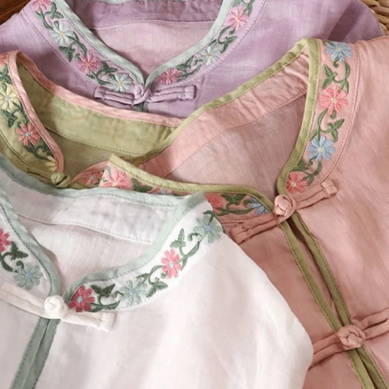 Buddha Stones Casual Embroidered Flowers Leaves Frog Button Three Quarter Sleeve Cotton Women's Shirt