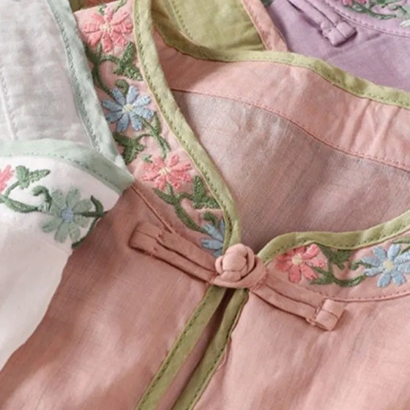Buddha Stones Casual Embroidered Flowers Leaves Frog Button Three Quarter Sleeve Cotton Women's Shirt