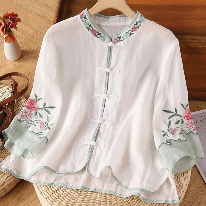 Buddha Stones Casual Embroidered Flowers Leaves Frog Button Three Quarter Sleeve Cotton Women's Shirt