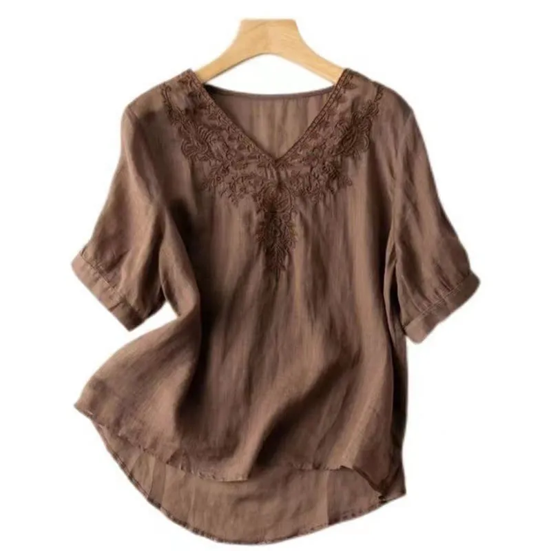 Buddha Stones Casual Embroidery Floral Women's V-Neck Design Half Sleeve Cotton Shirt