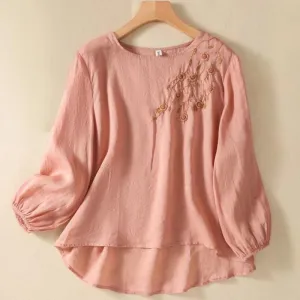 Buddha Stones Casual Embroidery Flower Branches Women's Crew Neck Design Long Sleeve Cotton T-shirt
