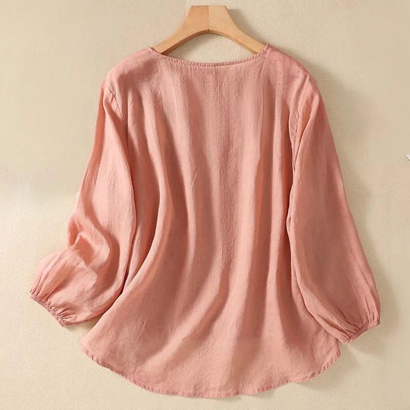 Buddha Stones Casual Embroidery Flower Branches Women's Crew Neck Design Long Sleeve Cotton T-shirt