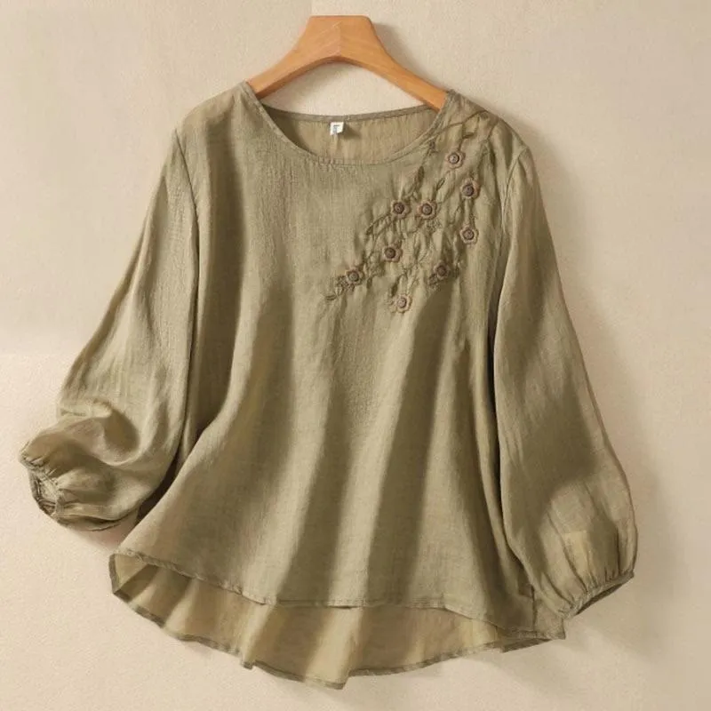 Buddha Stones Casual Embroidery Flower Branches Women's Crew Neck Design Long Sleeve Cotton T-shirt