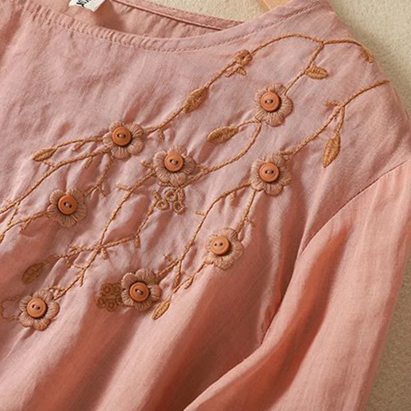 Buddha Stones Casual Embroidery Flower Branches Women's Crew Neck Design Long Sleeve Cotton T-shirt