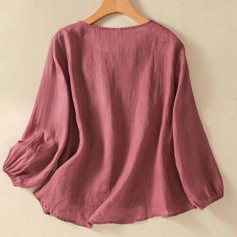 Buddha Stones Casual Embroidery Flower Branches Women's Crew Neck Design Long Sleeve Cotton T-shirt