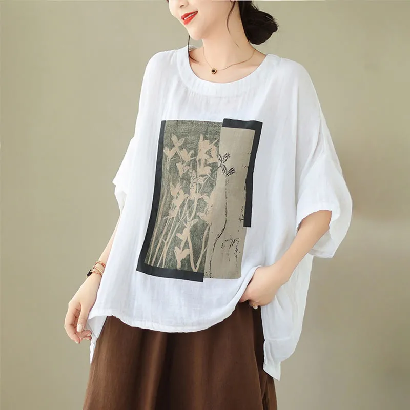 Buddha Stones Casual Flower Prints Women's Crew Neck Design Half Sleeve Cotton Spandex T-shirt