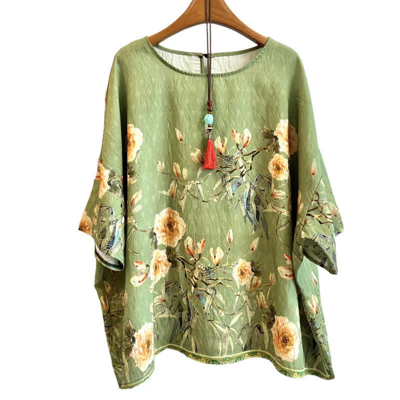 Buddha Stones Casual Loose Print Petals Women's Crew Neck Design Half Sleeve Polyester T-shirt