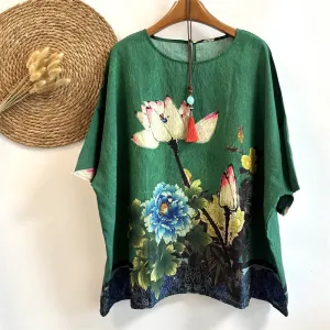 Buddha Stones Casual Loose Printed Lotus Peony Flowers Women's Crew Neck Design Half Sleeve Polyester T-shirt