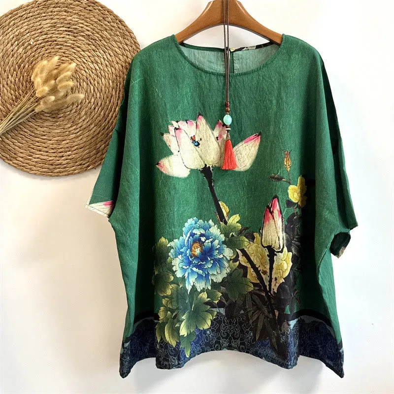 Buddha Stones Casual Loose Printed Lotus Peony Flowers Women's Crew Neck Design Half Sleeve Polyester T-shirt