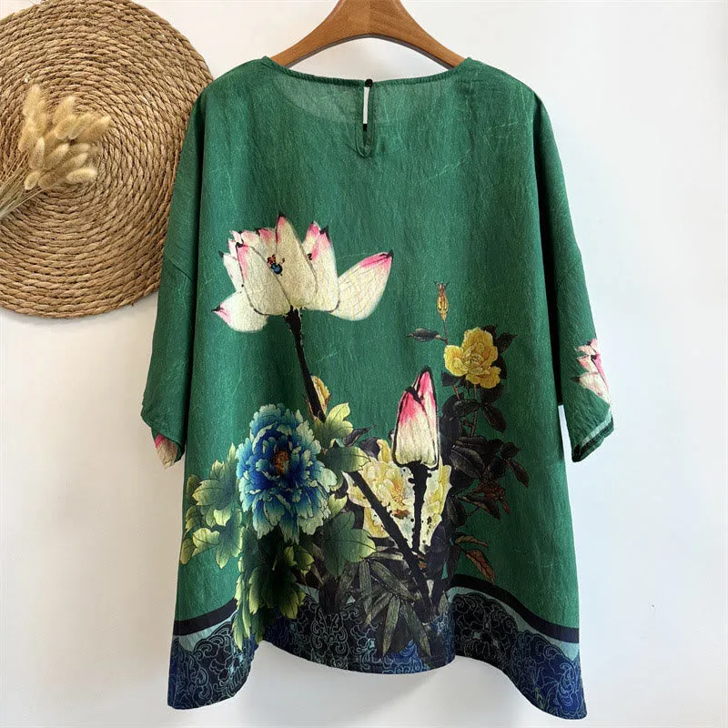 Buddha Stones Casual Loose Printed Lotus Peony Flowers Women's Crew Neck Design Half Sleeve Polyester T-shirt