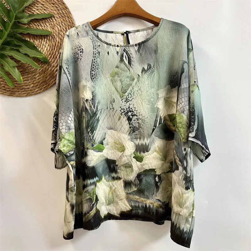 Buddha Stones Casual Loose Printed Morning Glory Rope Women's Crew Neck Design Half Sleeve Polyester T-shirt