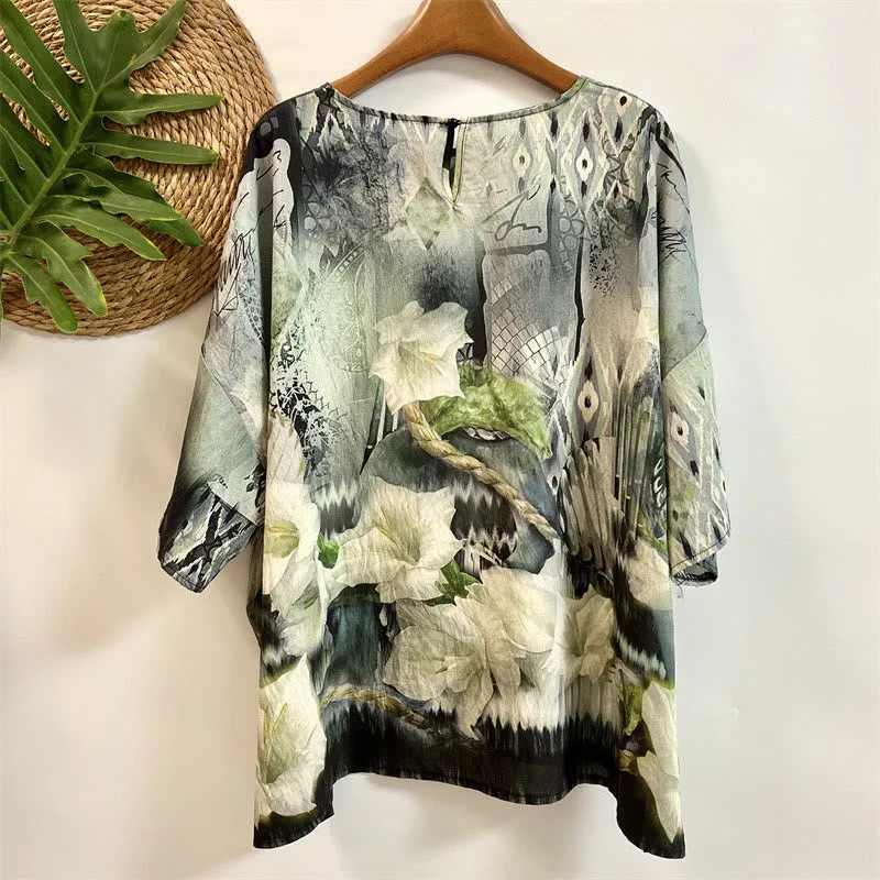 Buddha Stones Casual Loose Printed Morning Glory Rope Women's Crew Neck Design Half Sleeve Polyester T-shirt