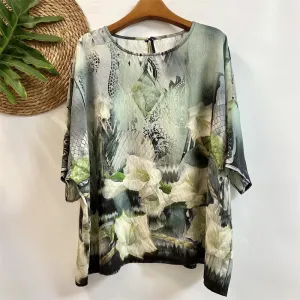 Buddha Stones Casual Loose Printed Morning Glory Rope Women's Crew Neck Design Half Sleeve Polyester T-shirt