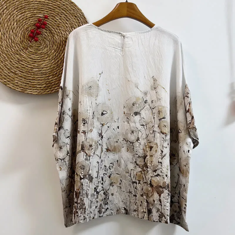 Buddha Stones Casual Loose Printed Petal Bush Women's Crew Neck Design Half Sleeve Polyester T-shirt