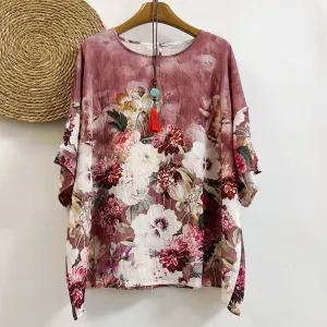 Buddha Stones Casual Printed Various Petals Dahlia Peony Women's Crew Neck Design Half Sleeve Polyester T-shirt