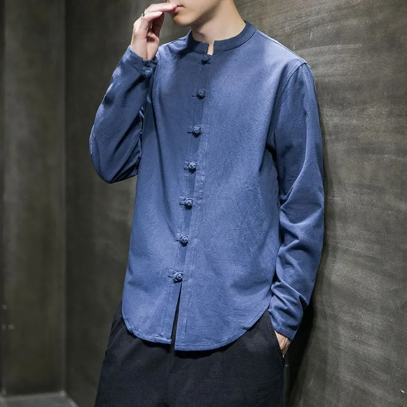 Buddha Stones Casual Stand Collar Frog-Button Long Sleeve Tang Suit Linen Men's Shirt