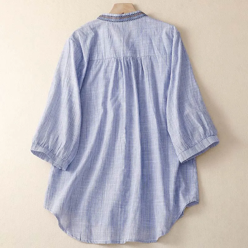 Buddha Stones Casual Women's Bohemia Embroidery Flowers V-Neck Design Half Sleeve Cotton Linen Shirt