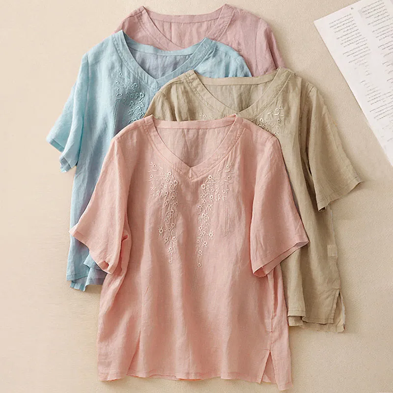 Buddha Stones Casual Women's Embroidered Flower V-neck Design Loose Half Sleeve Cotton Linen Shirt