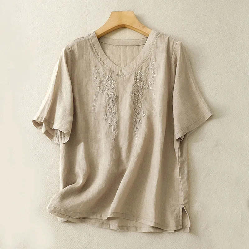 Buddha Stones Casual Women's Embroidered Flower V-neck Design Loose Half Sleeve Cotton Linen Shirt