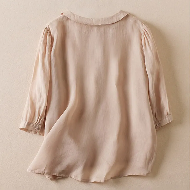 Buddha Stones Casual Women's Standing Three Quarter Sleeve Design Plain Cotton Blended Shirt