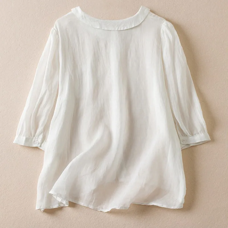 Buddha Stones Casual Women's Standing Three Quarter Sleeve Design Plain Cotton Blended Shirt