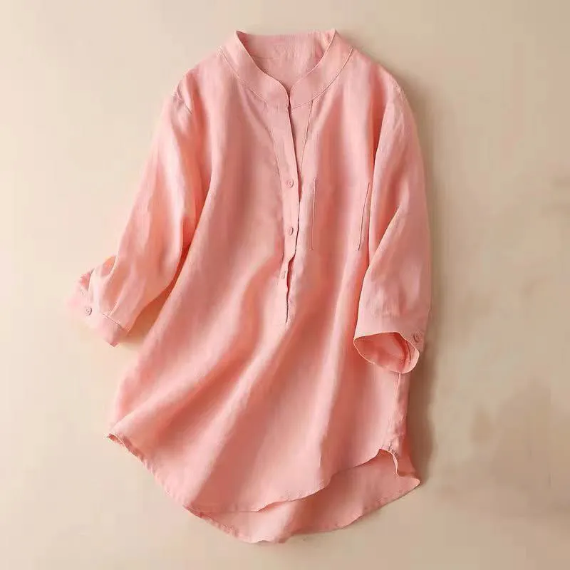 Buddha Stones Casual Women's V-neck Three Quarter Sleeve Design Plain Cotton Linen Shirt