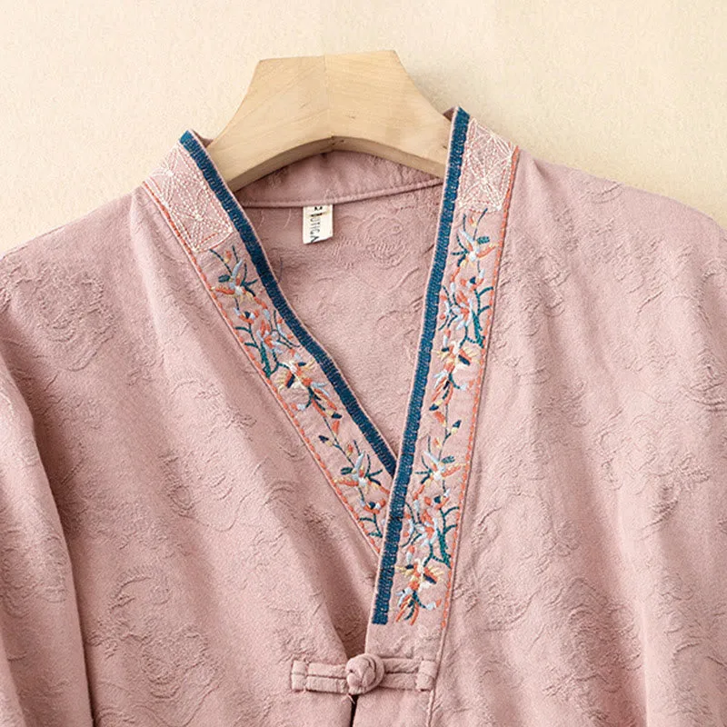 Buddha Stones Embroidered Flowers Grass Frog-Button Long Sleeve Cotton Women's Shirt