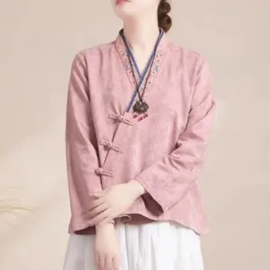 Buddha Stones Embroidered Flowers Grass Frog-Button Long Sleeve Cotton Women's Shirt