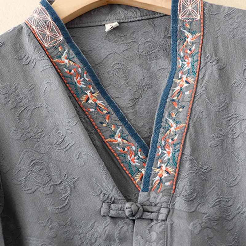 Buddha Stones Embroidered Flowers Grass Frog-Button Long Sleeve Cotton Women's Shirt