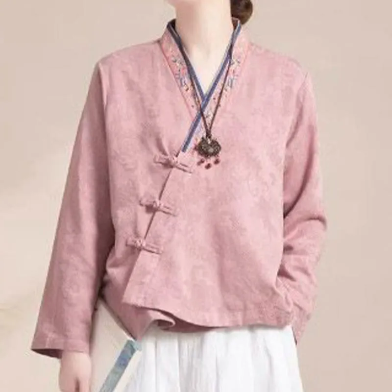 Buddha Stones Embroidered Flowers Grass Frog-Button Long Sleeve Cotton Women's Shirt