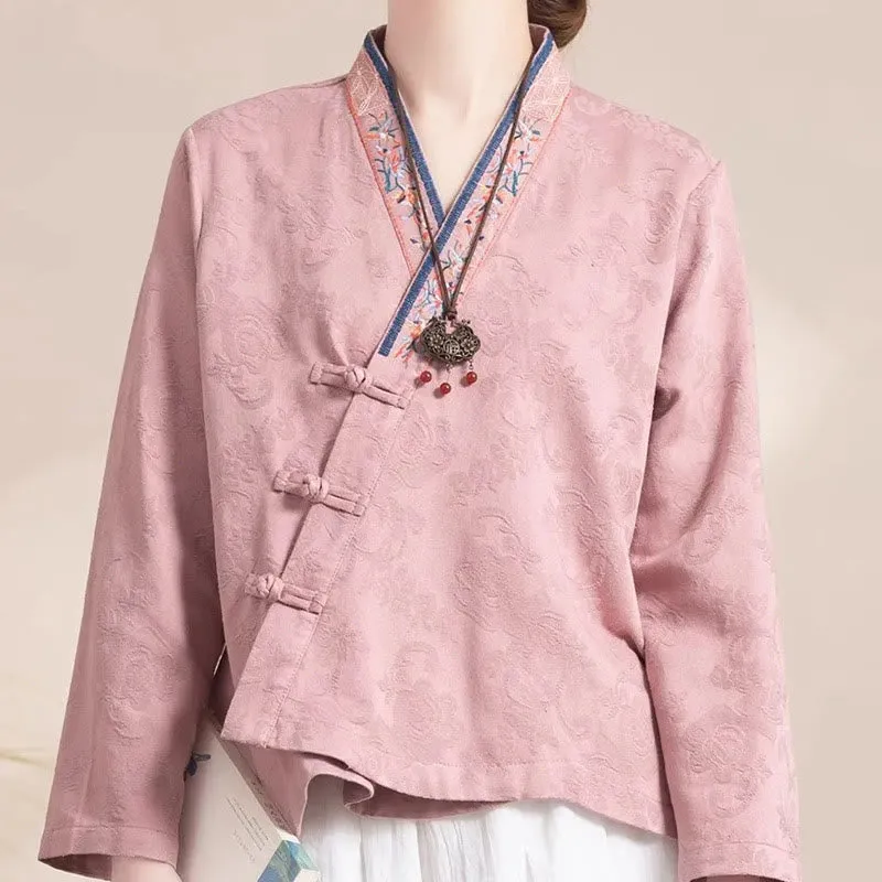 Buddha Stones Embroidered Flowers Grass Frog-Button Long Sleeve Cotton Women's Shirt