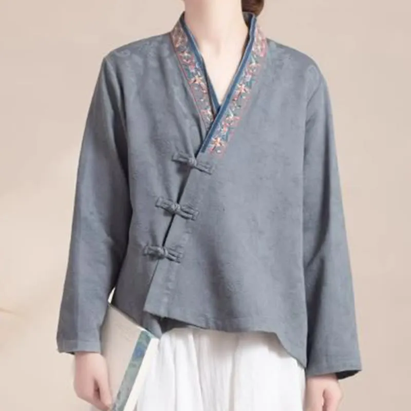 Buddha Stones Embroidered Flowers Grass Frog-Button Long Sleeve Cotton Women's Shirt