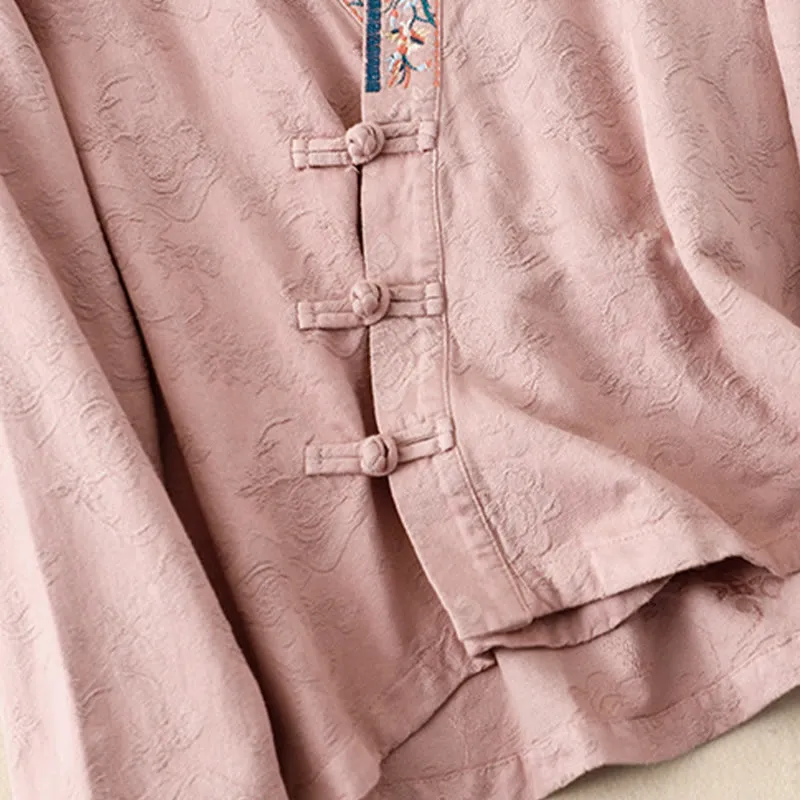 Buddha Stones Embroidered Flowers Grass Frog-Button Long Sleeve Cotton Women's Shirt