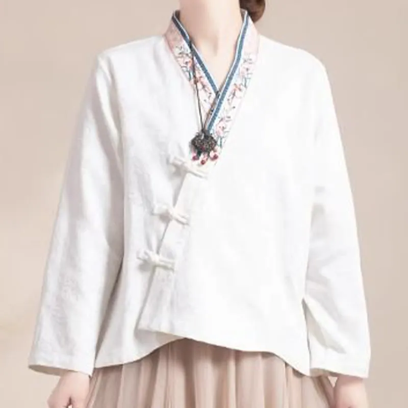 Buddha Stones Embroidered Flowers Grass Frog-Button Long Sleeve Cotton Women's Shirt