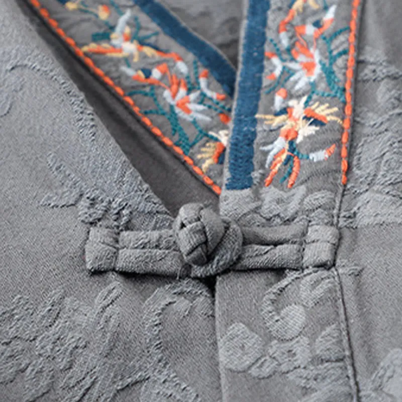 Buddha Stones Embroidered Flowers Grass Frog-Button Long Sleeve Cotton Women's Shirt