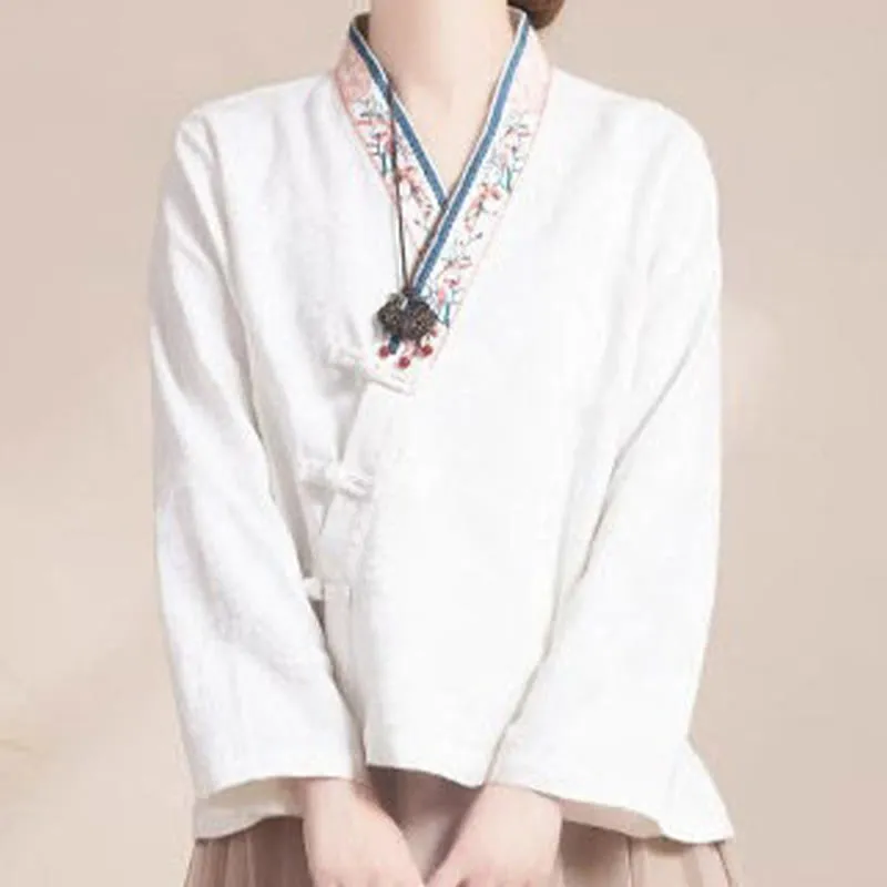 Buddha Stones Embroidered Flowers Grass Frog-Button Long Sleeve Cotton Women's Shirt