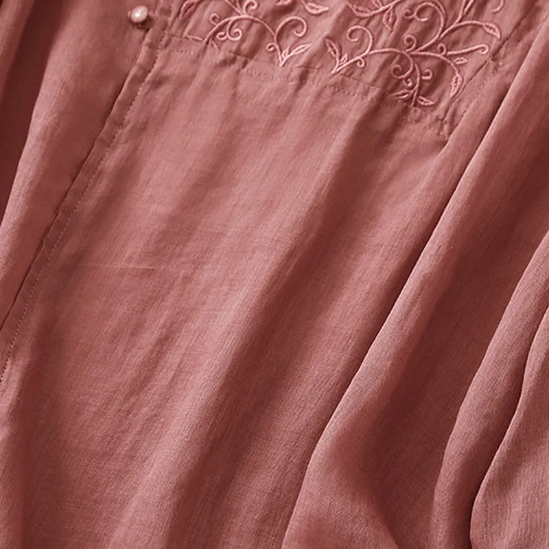Buddha Stones Plain Frog-Button Embroidery Vine Long Sleeve Slanted Collar Cotton Linen Women's Shirt