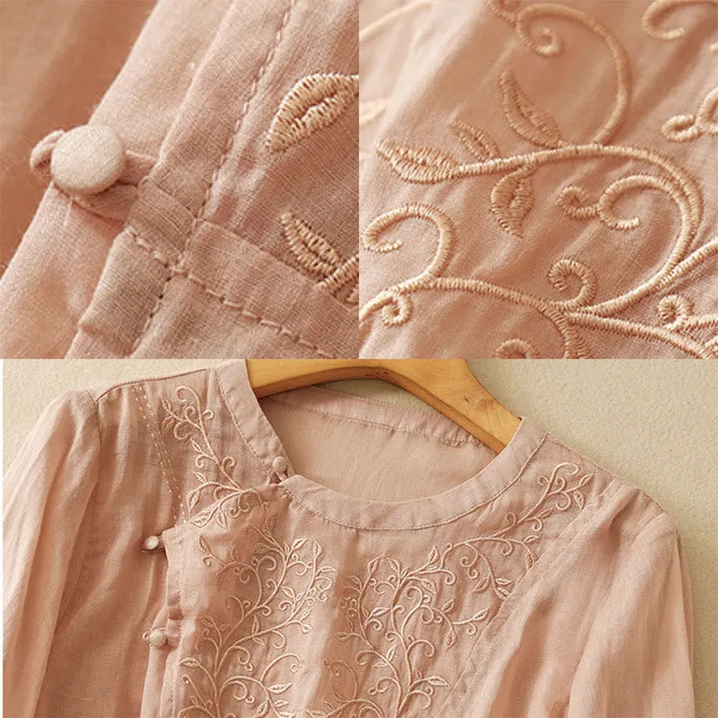 Buddha Stones Plain Frog-Button Embroidery Vine Long Sleeve Slanted Collar Cotton Linen Women's Shirt