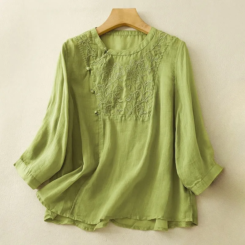 Buddha Stones Plain Frog-Button Embroidery Vine Long Sleeve Slanted Collar Cotton Linen Women's Shirt