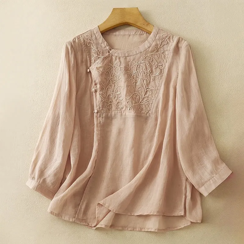 Buddha Stones Plain Frog-Button Embroidery Vine Long Sleeve Slanted Collar Cotton Linen Women's Shirt