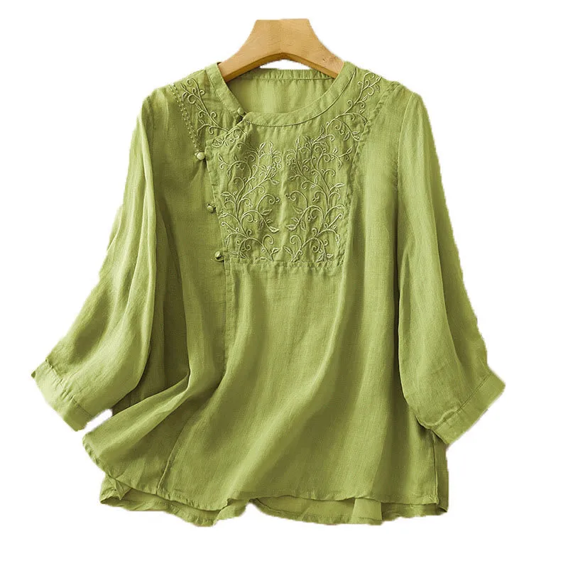 Buddha Stones Plain Frog-Button Embroidery Vine Long Sleeve Slanted Collar Cotton Linen Women's Shirt